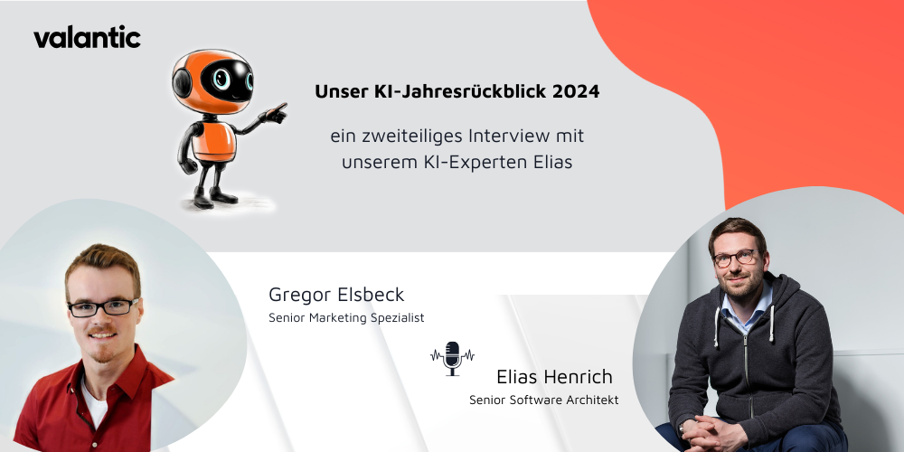 Fotos von Elias Henrich und Gregor Elsbeck mit Titel "Unser KI-Jahresrückblick 2024" und Untertitel "ein zweiteiliges Interview mit unserem KI-Experten Elias Henrich"